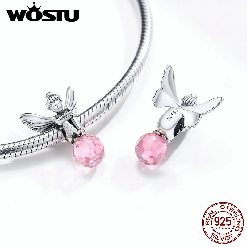 WOSTU Pink Zircon Flower Elf Charms 100% 925 Sterling Silver Fairy Beads Fit Original Bracelet Pendant For Women Jewelry FIC1483 | Украшения