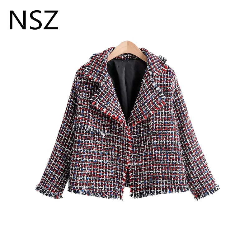 NSZ Женская твидовая куртка твидовое пальто винтажная клетчатая одежда клетчатый