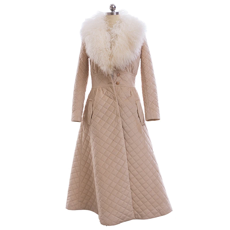 Женское длинное пальто теплая шерстяная парка с воротником украшенная стразами