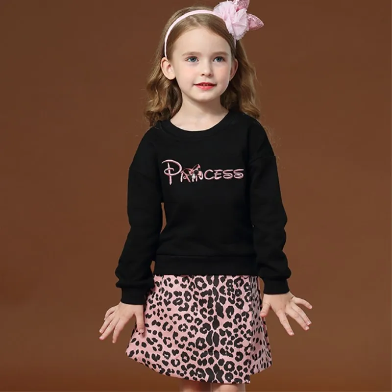 3PCS/Set New Autumn&Spring Leopard Clothing Set For Baby Girl Kids Black Top+Leopard Skirt+Bag Leopard Clothing Set