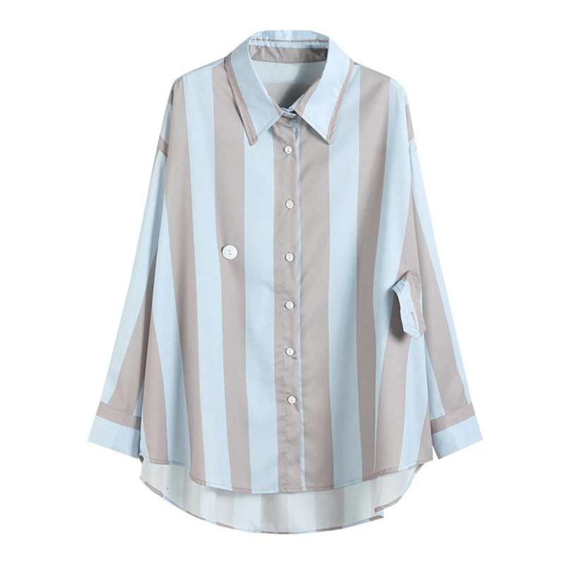 GALCAUR Korean Striped Hit Color Women's Shirt Lapel Collar Long Sleeve Large Size Loose Female Blouses 2020 Autumn Fashion New |