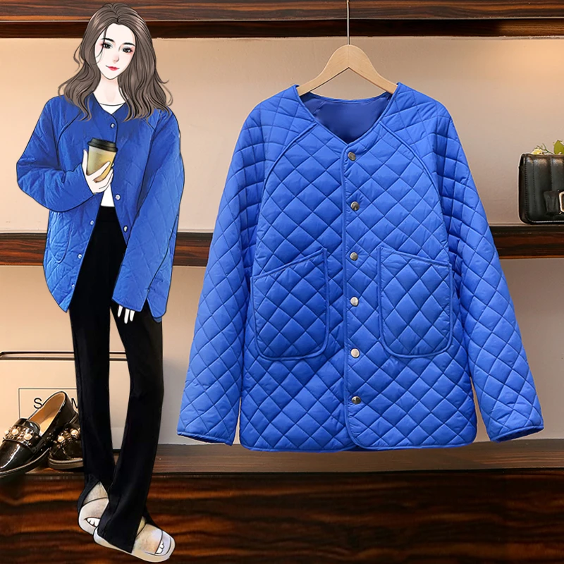 

Overcoat New Product Women's 2022 New Winter New Blue Rhombus Cotton Jacket Niche Retro Hong Kong Style Quilted Jackets