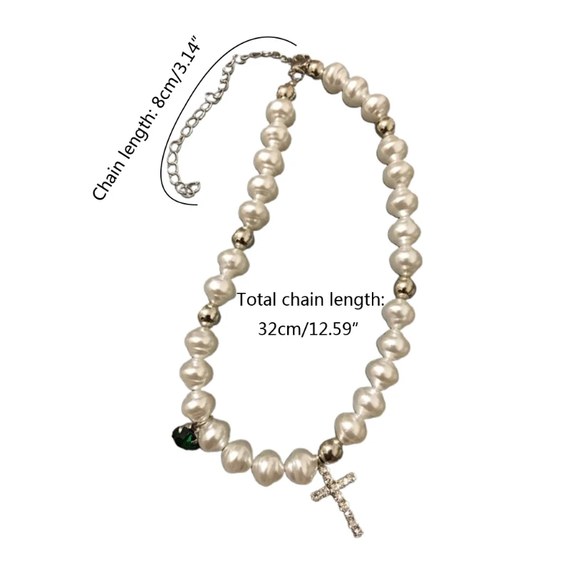 

Irregular Imitation Pearls Necklace Elegant Jewelry Rhinestone Cross Crystal Pendant Choker