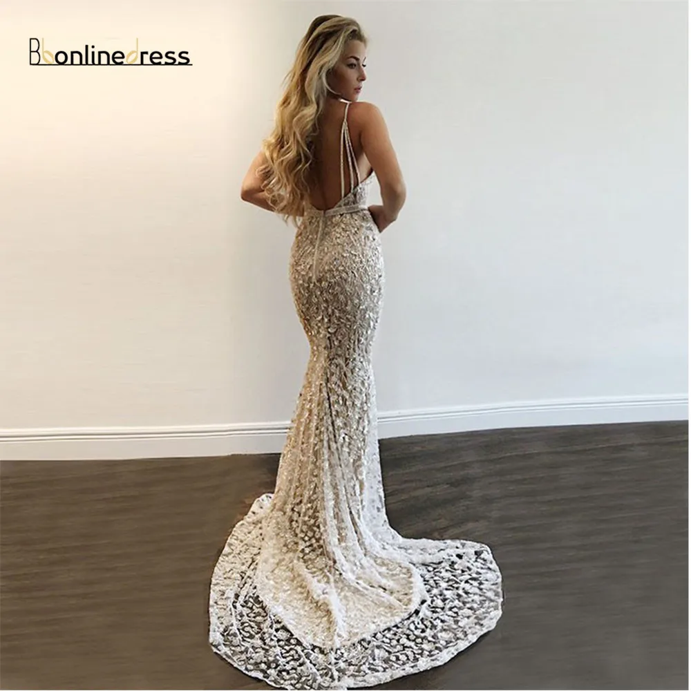 Bbonlinedress, роскошное платье русалки для выпускного вечера, сексуальное вечернее платье с глубоким v-образным вырезом, Серебряные вечерние кружевные платья, Vestido de fiesta