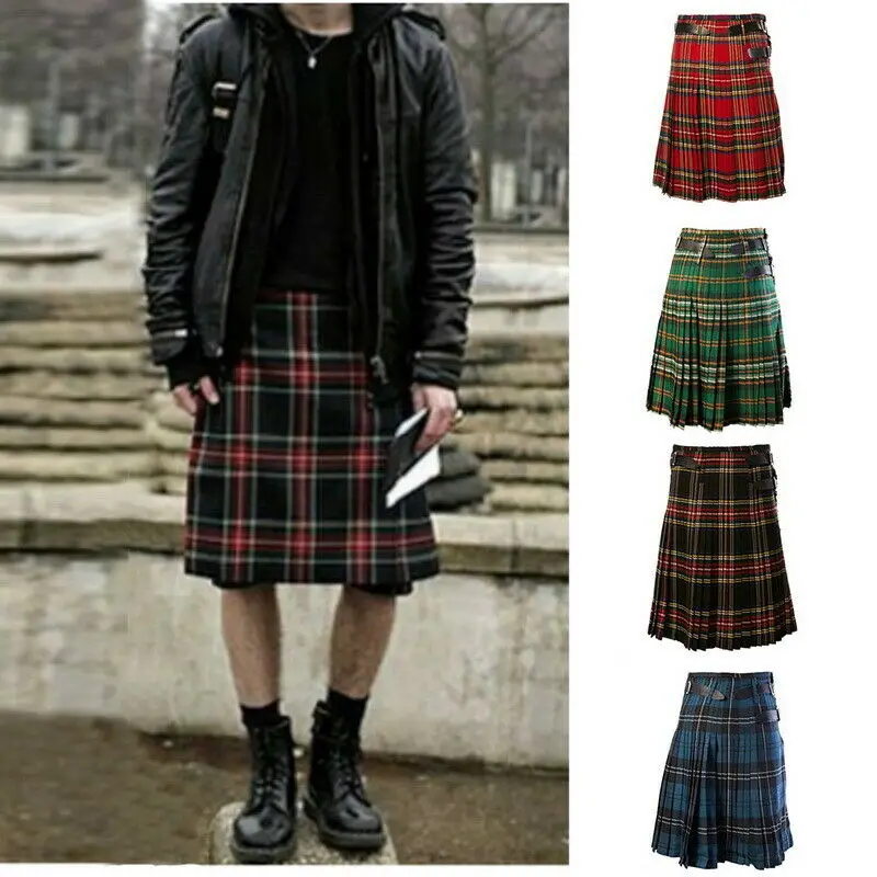

Fashion Trend Men Skirts Scottish Mens Leisure Kilt Traditional Highland Skirt Combat Uniform Skirt Check Printing