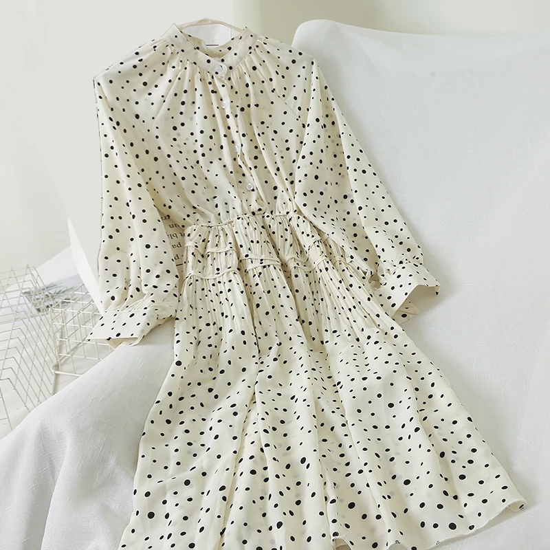 Повседневное женское шифоновое платье трапеция в горошек корейское