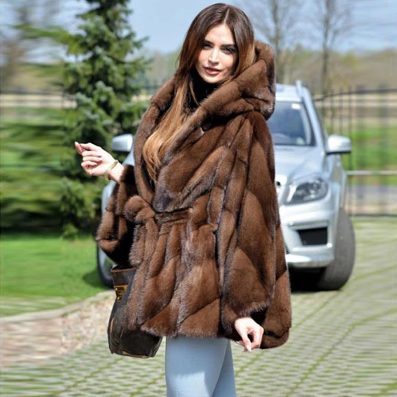 BFFUR 2022 Fashion Winter Mink Fur Jacket With Hood Natural Women Wholeskin Genuine Mink Fur Coats Bat Sleeved With Fur Belt