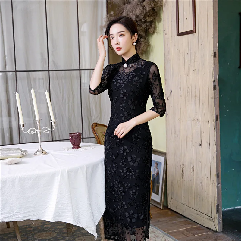 Длинное сексуальное Перспектива кружево женский Чонсам высокое Разделение 3/4 с