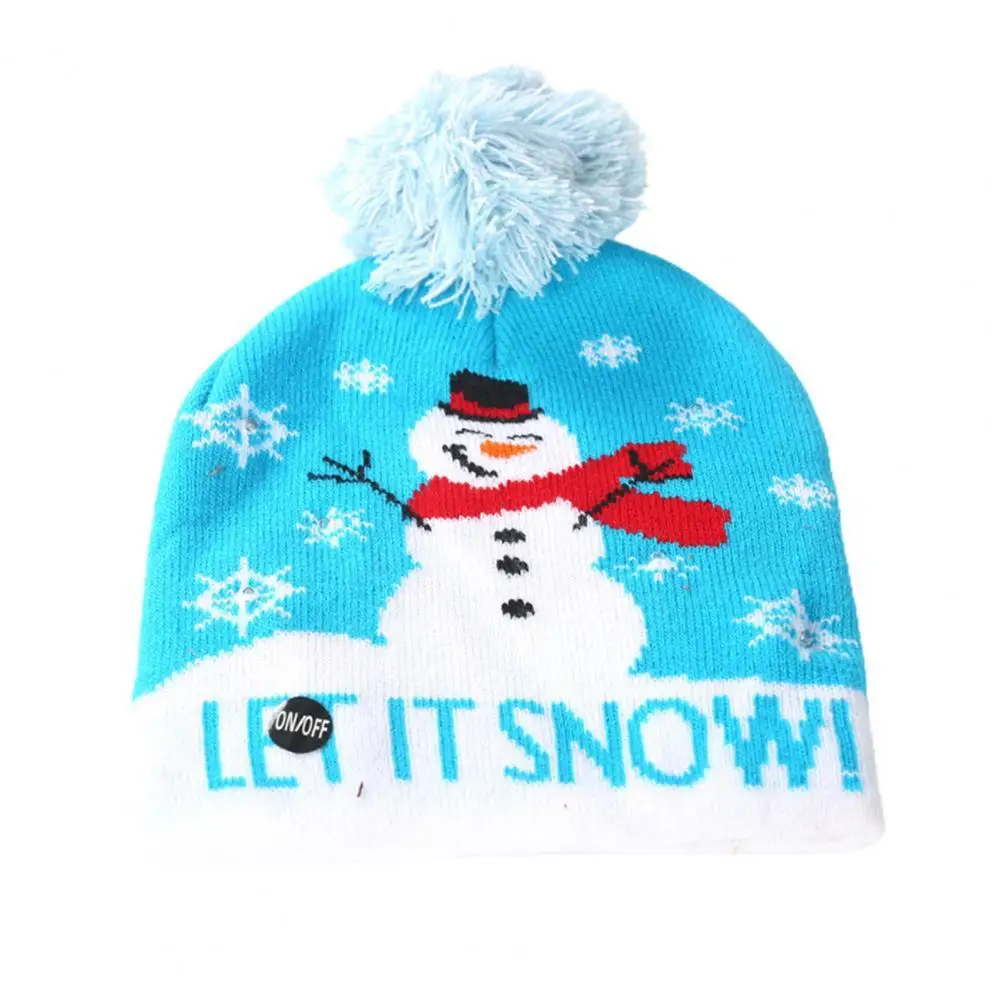

Dropshipping Xmas Tree Pattern Knitted Beanie Plush Ball Autumn Winter LED Light Snowman Pattern Xmas Cap for Christmas
