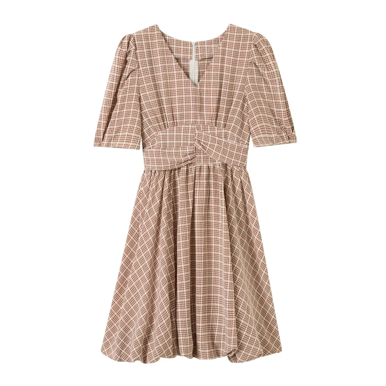 

Make pink plaid hubble-bubble sleeve dress new summer v-neck A word skirt waist show thin temperament