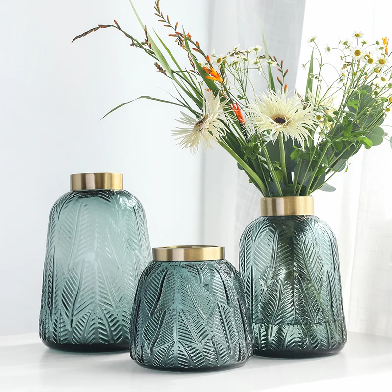 

Big Vase Glass Flower Vase Tree Leaves Pattern Art Figurines Home Decoration Acessories Thich Vases Plants Holder Living Decor