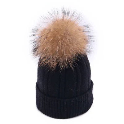 Black Зимняя женская вязаная шапка Skullies, Женская бини, шапка с настоящим помпон из лисьего меха, Роскошные плотные теплые уличные Лыжные шапки Gorro для девочек - Цвет: Black
