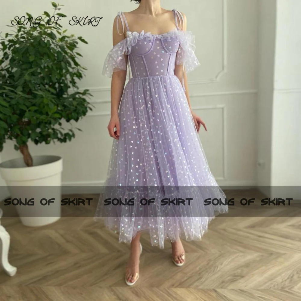 

Lilac Tea-length Tulle Prom Dresses Gentle Fairy Spaghetti Straps Formal Wedding Gown Ladies Birthday Dress Robe De Soirée