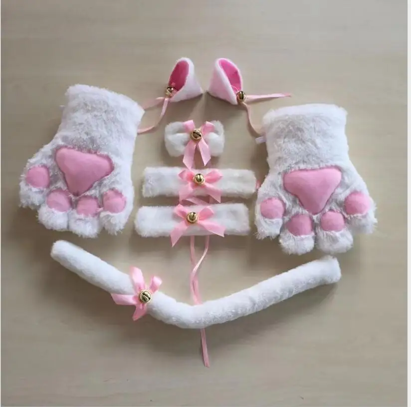 

Cat Cosplay Costume Props Set Kitten Tail Ears Collar Paws Gloves Kit for Halloween Accessory Hairband Ears Neko Fantasy Set