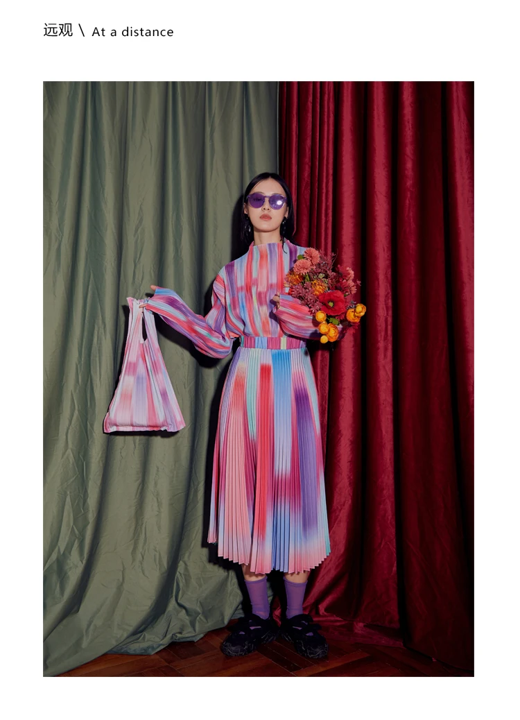 HOT SELLING Miyake fold fashion stand neck T-shirts + stripe skirt  Rainbow stripe  two-piece suit IN STOCK
