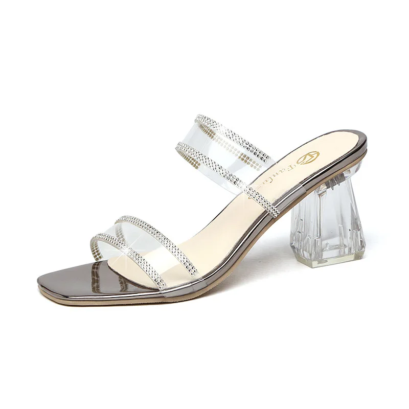 

Concise Fashion PVC Woman Transparent Sandals Thin High Heels Shoes Pointed Toe Pumps Slip on Solid Apricot 2020 New