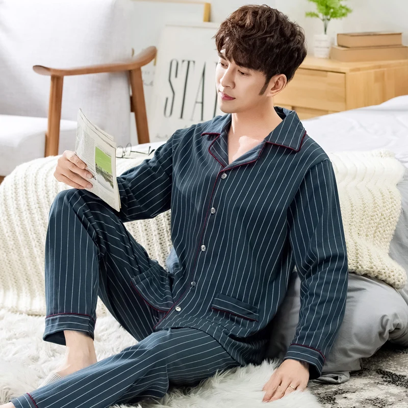 Bedroom Cotton Sleepwear Fashion Casual Loose Thin Long Sleeve Autumn Comfy Set Sleepwear Szata Zestawy Men's Sleep DB60SY