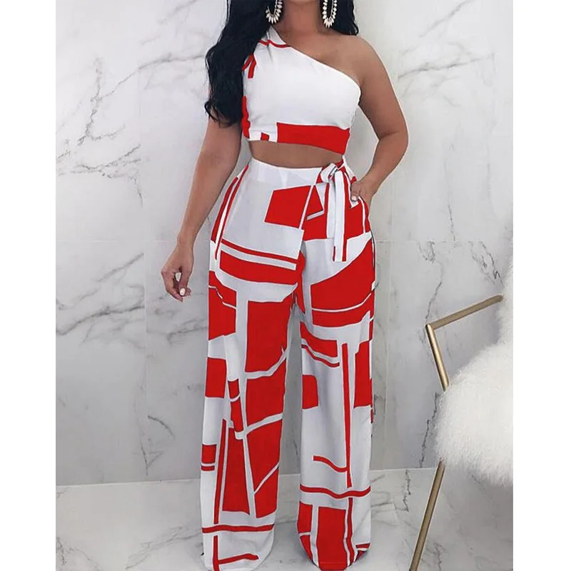 

2 piece set Women Summer Outfit Colorblock One Shoulder Cropped Top And Wide Pants Set