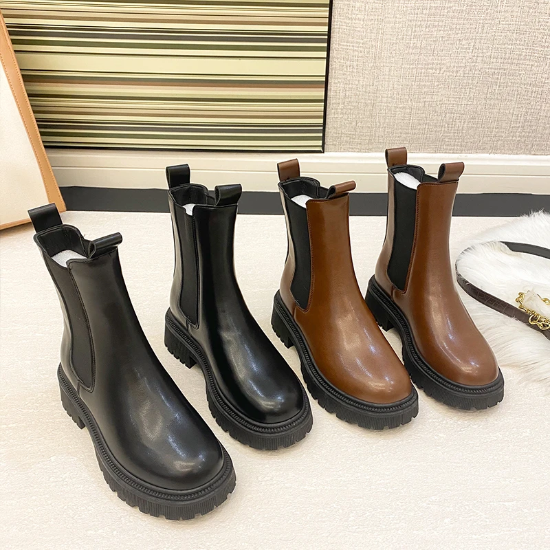 

Ботинки Челси женские на высоком каблуке, полусапожки на блочном каблуке, короткие меховые, с круглым носком, черные, размер 40, Осень-зима