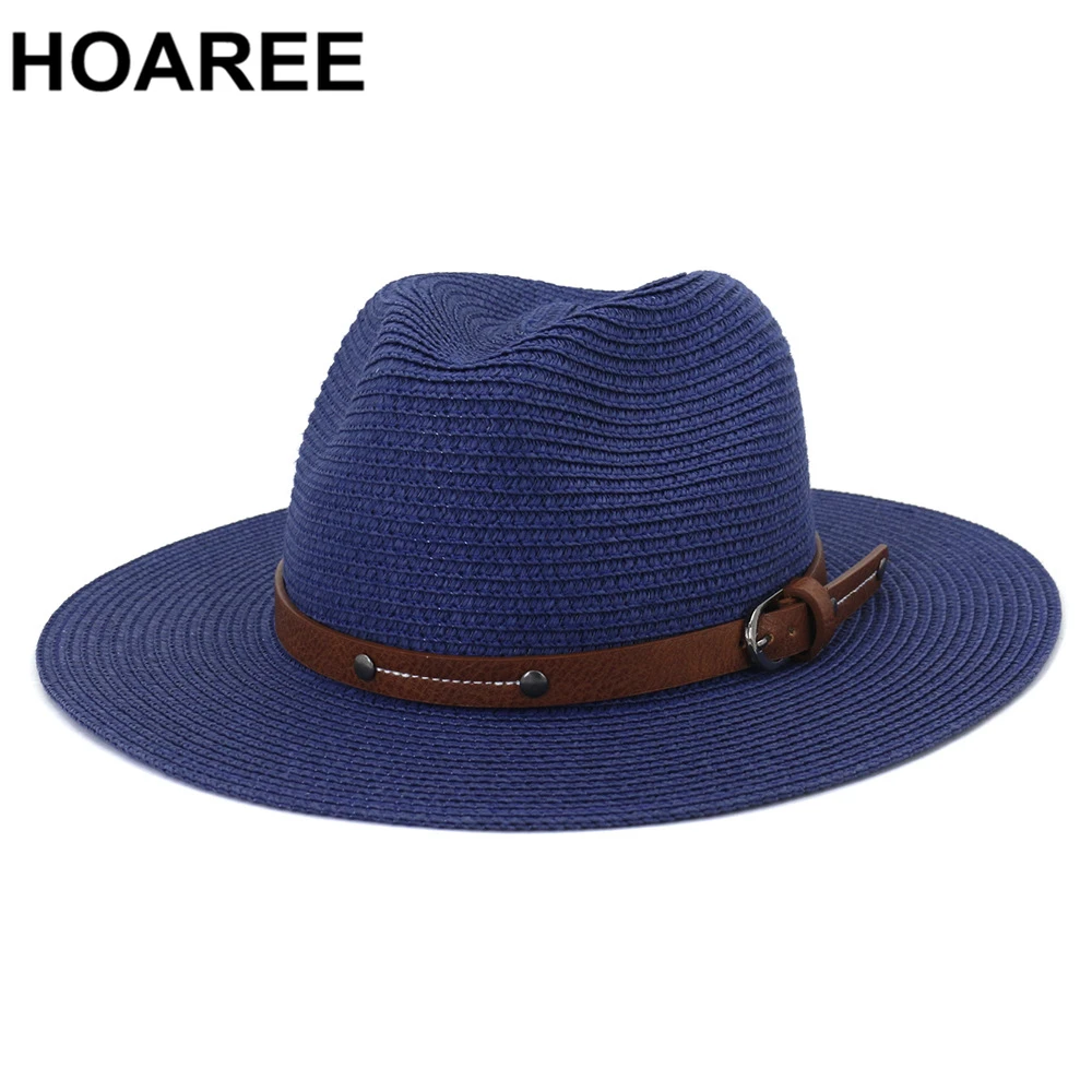 

Panama Hat Navy Straw Summer Hats for Women Men Fedora Wide Brim Belt Decorate Male Female Jazz Sombrero Cap