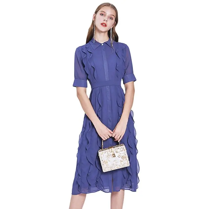 

New Chiffon Dress Women Summer 2021 Elegant Fashion Ruffles Short Sleeve Shirt Collar Flowy Slim Long Dress