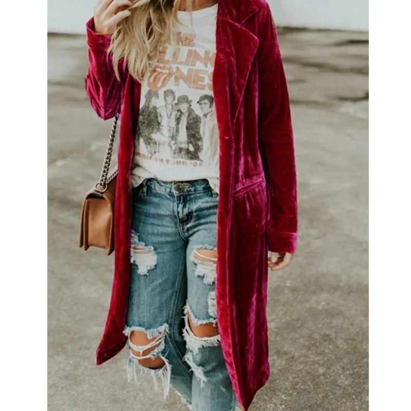 

Stylish 2021 Autumn New Hot Sale Fashionable Gold Velvet Windbreaker Long Coat Solid Coat 3 Color Size S-4XL