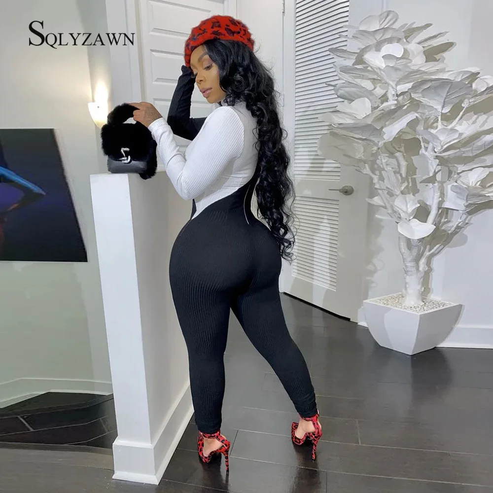 Вязаный Облегающий комбинезон для женщин Осенний хит цвет грудь молния длинный