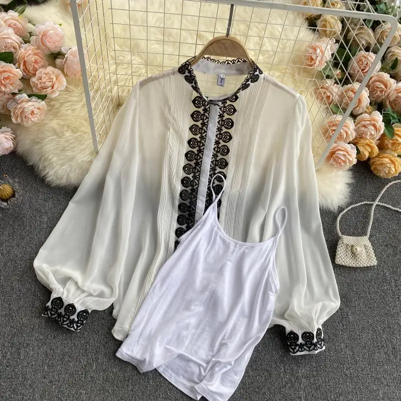 

Women Vintage Embroidery Blouse Spring O Neck Puff Sleeve Loose Tops Korean Solid Chiffon All-match Blouses