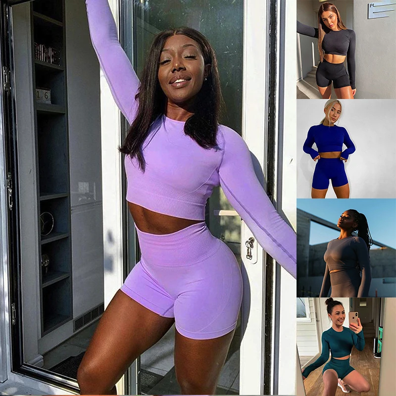 

Shark knitted yoga suit, seamless long-sleeved top, hip-lifting shorts women