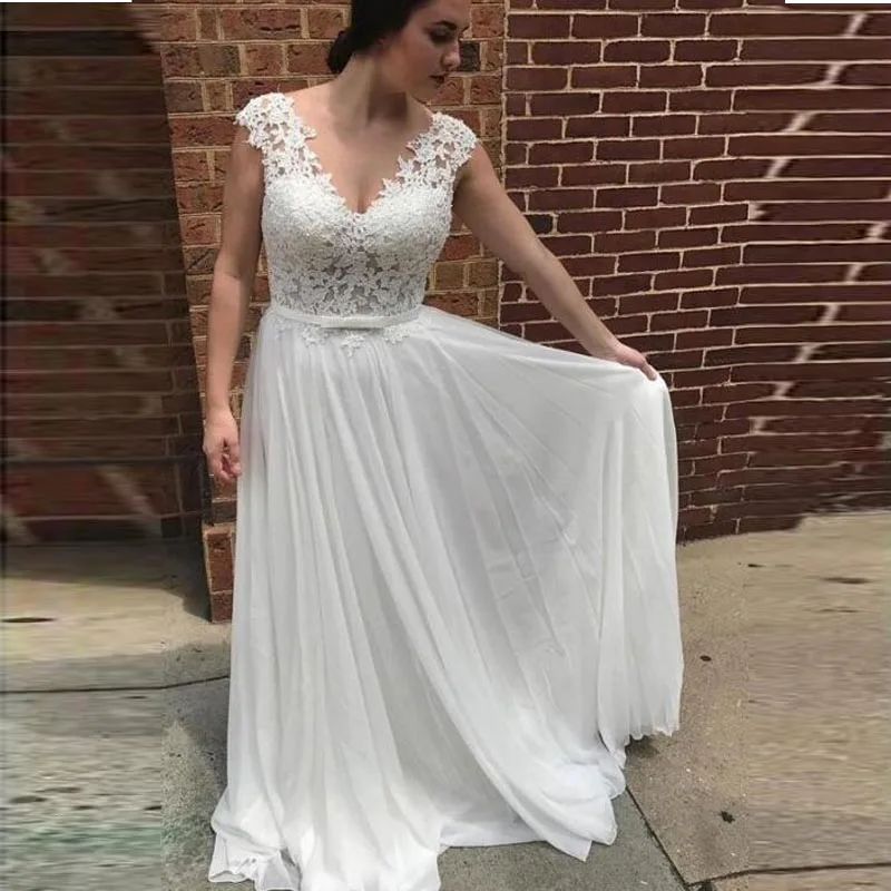 

Custom Made White Chiffon Beach Wedding Dresses Sexy V-Neck Lace Country Wedding Gowns A Line Boho Bridal Gowns