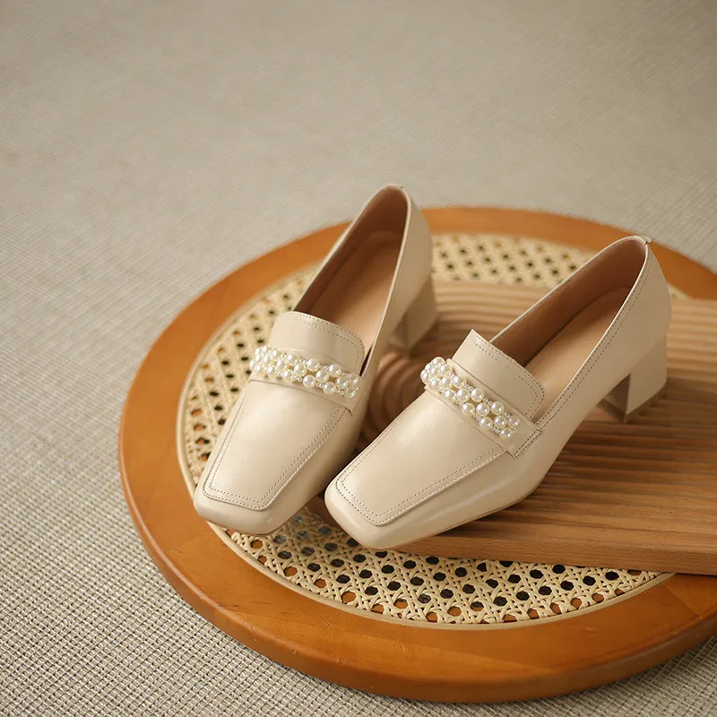 

Asumer Big Size 43 Pumps Women Shoes Square Toe Pearl Slip On Single Shoes High Heels Dress Party genuine leather Shoes Ladies