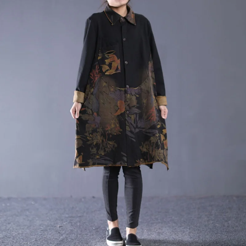 

Large size women's thin windbreaker mid-length new retro and old printed stretch cotton windbreaker jacket female spring 2021