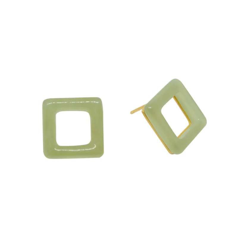 

925 Sterling Silver Natural Jade Square Stud Earrings For Women 18k Gold Luxury Chinese Style Female Vintage Jewelry Handmade