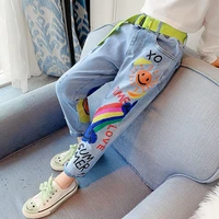 hot deals teenage boys girls kids jeans 12 graffiti painting print casual pants with a rainbow cartoon trousers clothes