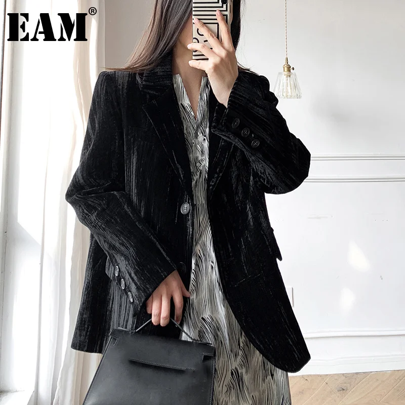 

[EAM] Women Vintage Velvet Black Blazer New Notched Long Sleeve Loose Fit Jacket Fashion Tide Spring Autumn 2022 1DD4867