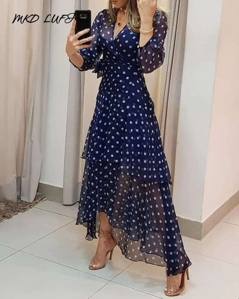 

Polkadot Print Layered Ruffles Maxi Dress