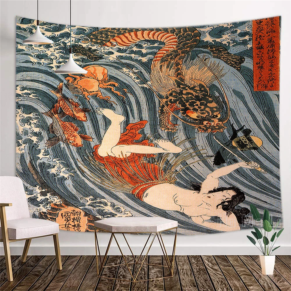 

Японский гобелен в стиле «Водный Бог», декор для стен в стиле хиппи