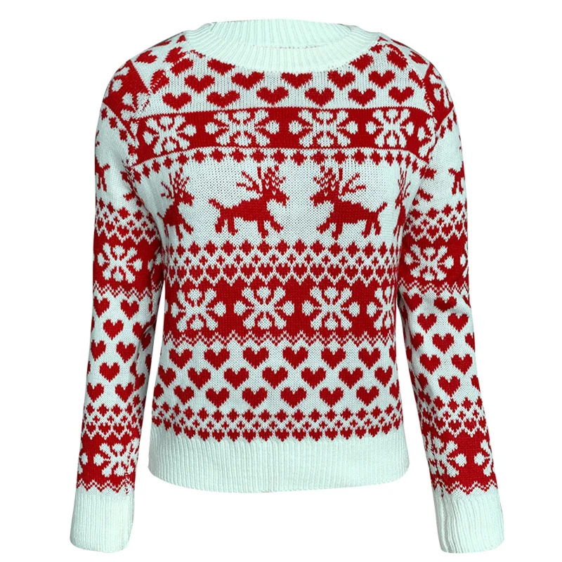 

2021 New Women Fashion Christmas Sweater Knitted Printed Long Sleeve Round Neck Sweater Xmas Party Loose Long Sleeve Sweater