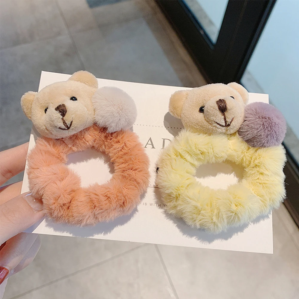 

New Cute Plush Bear Hair Rope Girls Elastic Hair Scrunchie Rubber Bands Gum Soft Pompom Ponytail Holder Hair Accessories
