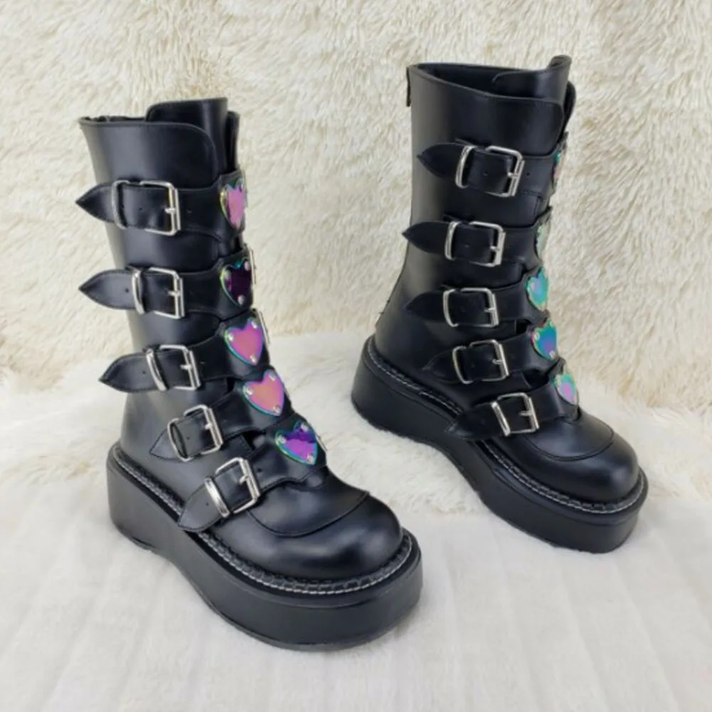 Женские ботинки на танкетке SaraIris черные платформе с пряжкой в форме сердца