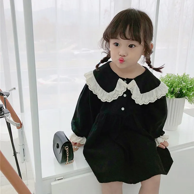 Spring Autumn 2020 cute baby girls lace turn-down collar princess dresses pure cotton soft 2 colors casual dress for kids