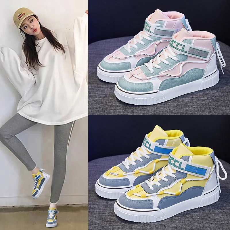 

Women Sneakers Up High Top Sneakers 2021 New Fashion Lace High Top Flat Trainers Women Outdoor Non-Slip Breathable Sneakers