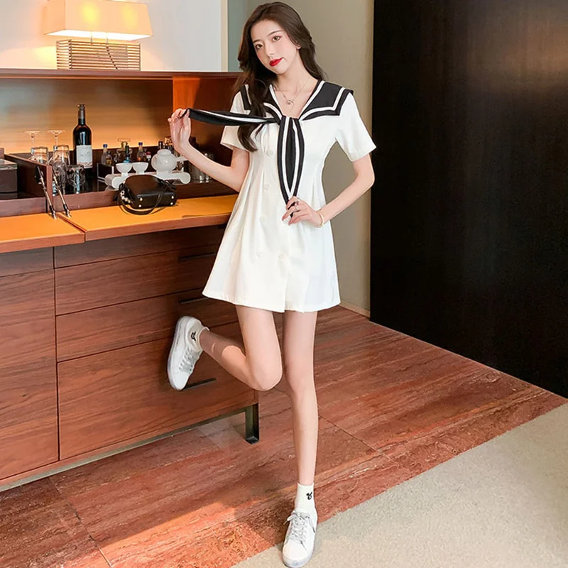 

Short sleeves dressed Korean women's summer dress striped sailor's turtleneck front bowtie breasted kawaii mini