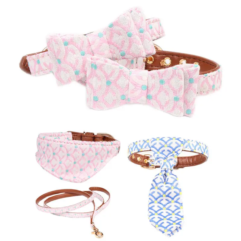 

Pet Dog Collar and Leash Cat Bow Tie Bandana PU Leather Collier Personalized for Small Medium Dogs Teddy Chihuahua Pink Blue