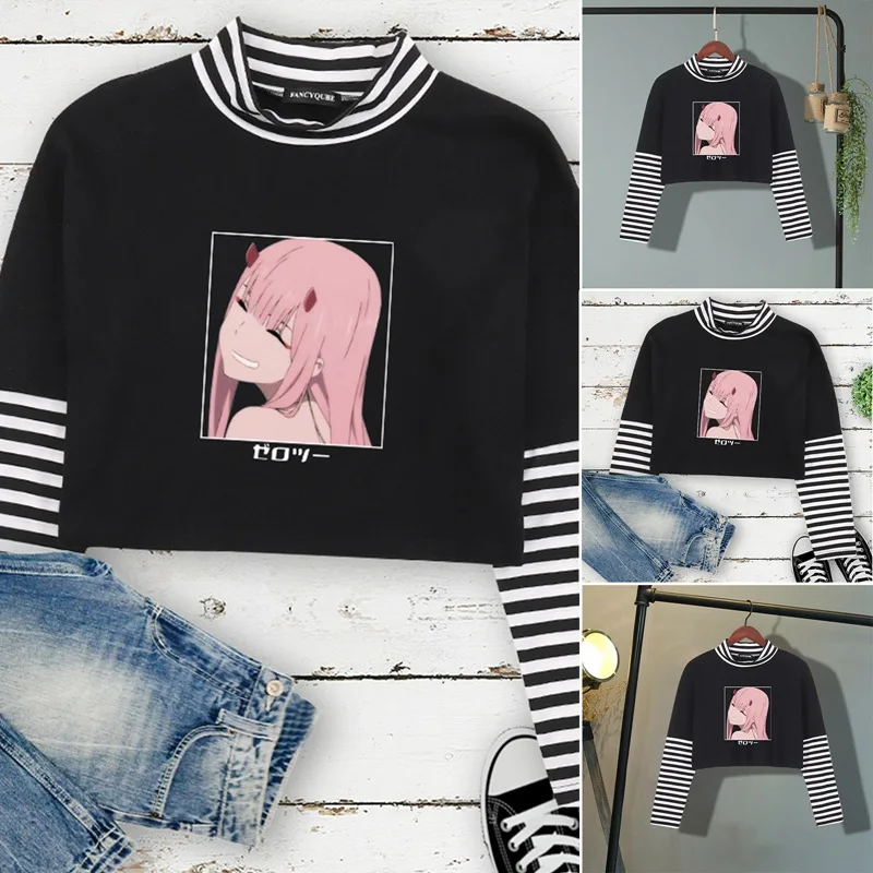 

Darling In The Franxx Stripe Patchwork Long Sleeve Top Slim Half High Collar Sweatshirt