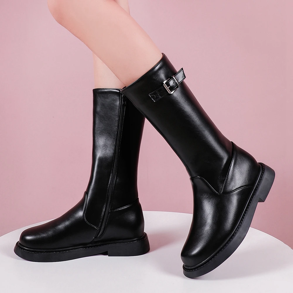 

KARINLUNA New Fashion Female 2020 Concise Elegant Boots Round Toe Square Med Heels Zip Buckle Women Boots Mid Calf Women Shoes
