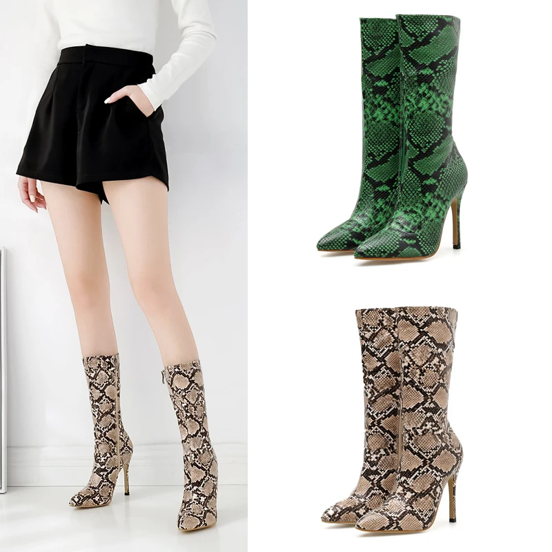 

botas para mujer Genuine Leather Women Mid-calf Boots Sexy Pointed Toe Zipper Stiletto High Heels Snake Print Shoes For Women