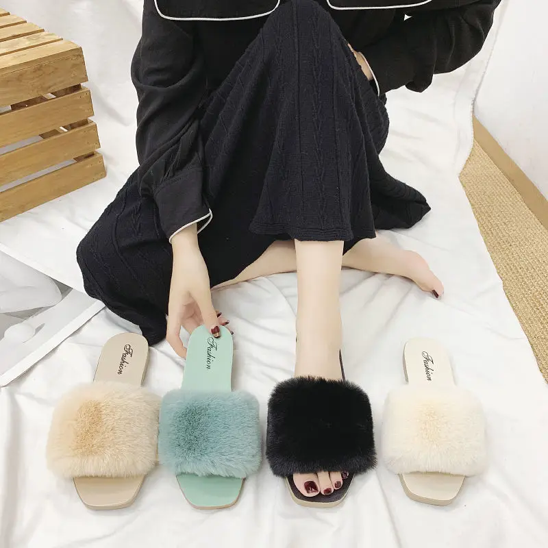2021 Summer Women House Slippers Faux Fur Fashion Shoes Woman Slip on Flats Female Slides Black Pink Cozy Home Furry Slippers