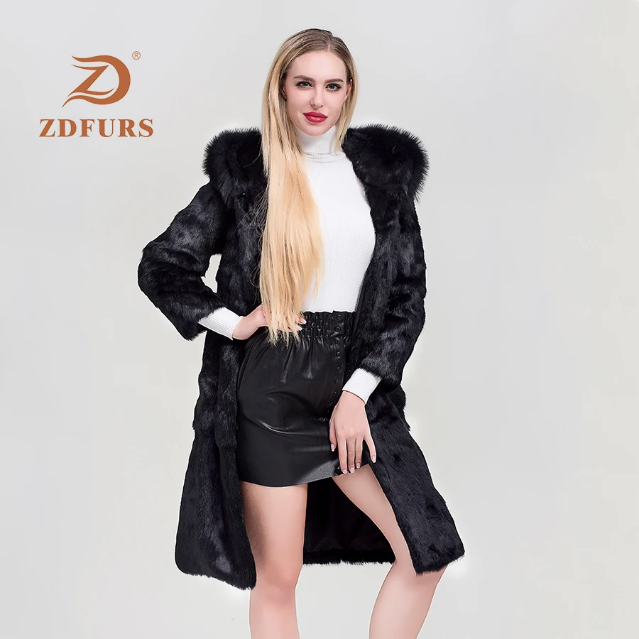 ZDFURS*2019 Fashion real fur coat women full sleeve wave cut genuine rabbit fur warm winter coats and jackets with fox hood