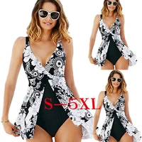 2020 new plus size xxxl one piece swimsuit with skirt sexy deep v print bird vintage big swimwear beach large 5xl bathing suit
